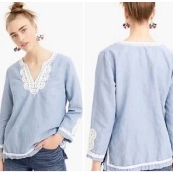 Point Sur Size Large L Chambray Lace Trim Long Sleeve Cotton Linen Tunic Top - Picture 2 of 8